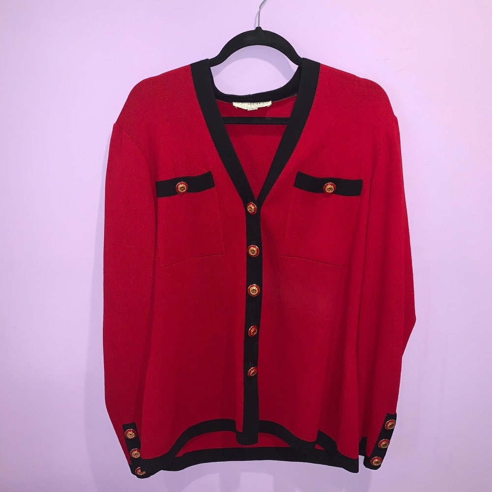 Red V-Neck Button Front Cardigan with Black Trim